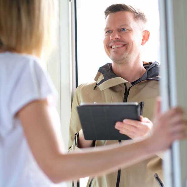Male courier delivering package and holding tablet with data